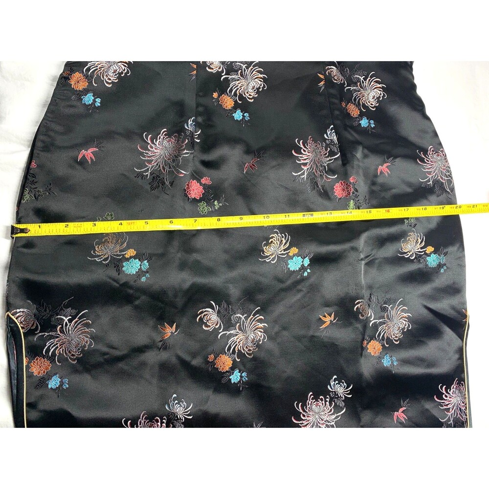 Vtg 70s Chinese Cheongsam Qipao Maxi Dress Black Floral Satin Rainbow Lining 38 - Picture 5 of 13